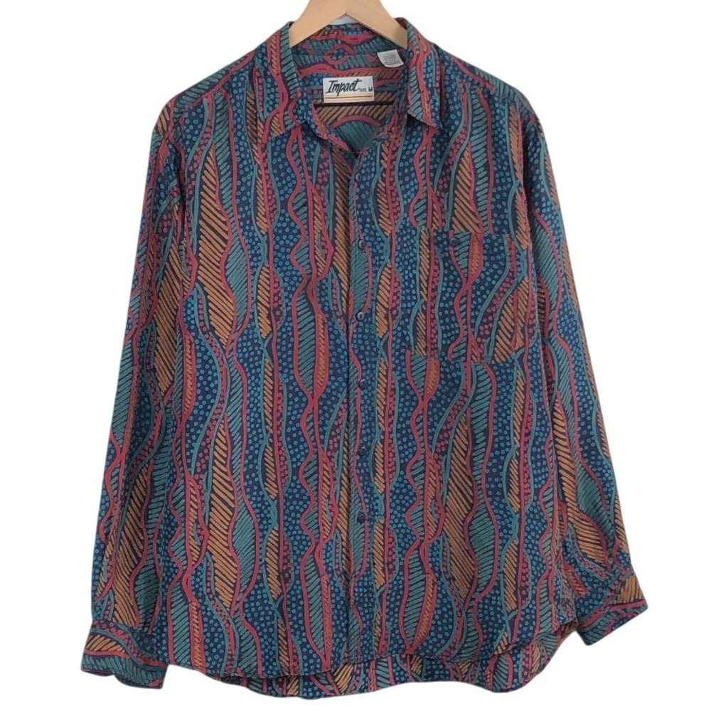 VTG IMPACT 100% Silk Abstract Button Up Shirt Men's M Multi Color Long Sleeve